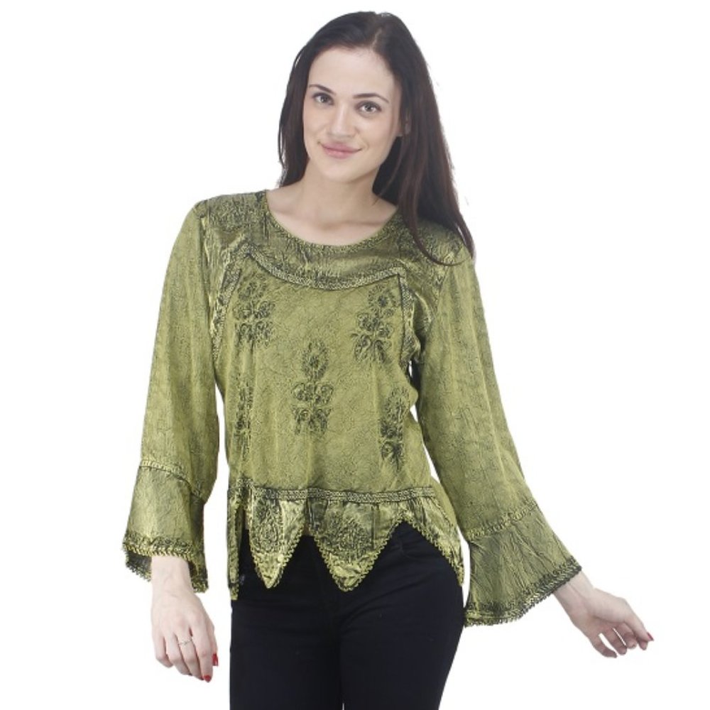 LIME GREEN VICTORIAN FLOUNCING TRUMPET STYLE TUNIC TOP - Picture 1 of 5